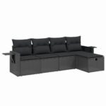 5-Piece Garden Sofa Set with Cushions Black Poly Rattan Wicker Outdoor Patio Furniture