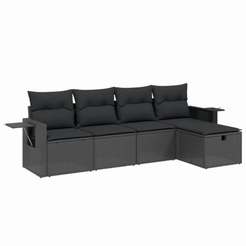 5-Piece Garden Sofa Set with Cushions Black Poly Rattan Wicker Outdoor Patio Furniture