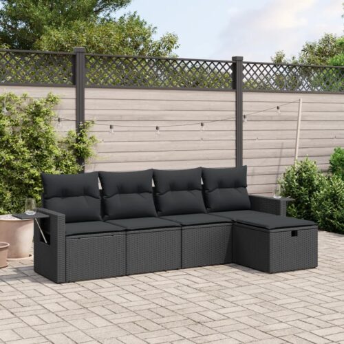 5-Piece Garden Sofa Set with Cushions Black Poly Rattan Wicker Outdoor Patio Furniture - Image 2