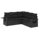5-Piece Garden Sofa Set with Cushions Black Poly Rattan Wicker Outdoor Patio Furniture