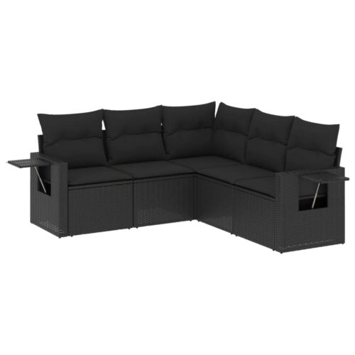 5-Piece Garden Sofa Set with Cushions Black Poly Rattan Wicker Outdoor Patio Furniture