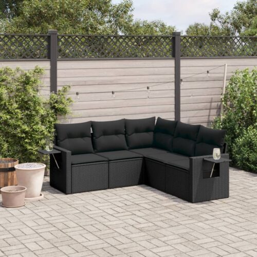 5-Piece Garden Sofa Set with Cushions Black Poly Rattan Wicker Outdoor Patio Furniture - Image 2