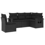 5-Piece Garden Sofa Set with Cushions Black Poly Rattan Wicker Outdoor Patio Furniture