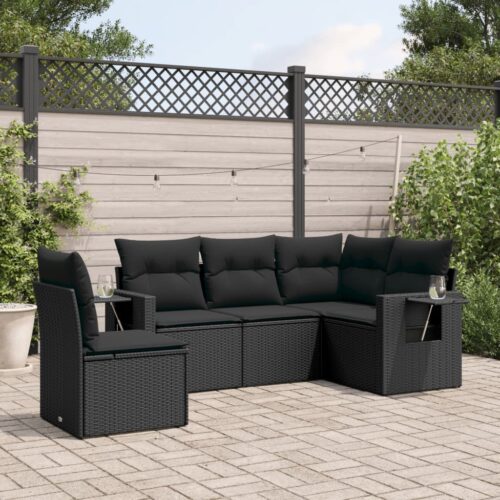 5-Piece Garden Sofa Set with Cushions Black Poly Rattan Wicker Outdoor Patio Furniture - Image 2
