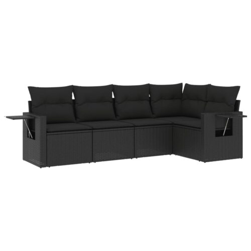 5-Piece Garden Sofa Set with Cushions Black Poly Rattan Wicker Outdoor Patio Furniture