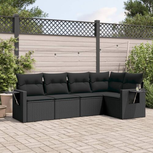5-Piece Garden Sofa Set with Cushions Black Poly Rattan Wicker Outdoor Patio Furniture - Image 2