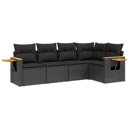 5-Piece Garden Sofa Set with Cushions Black Poly Rattan Wicker Outdoor Patio Furniture