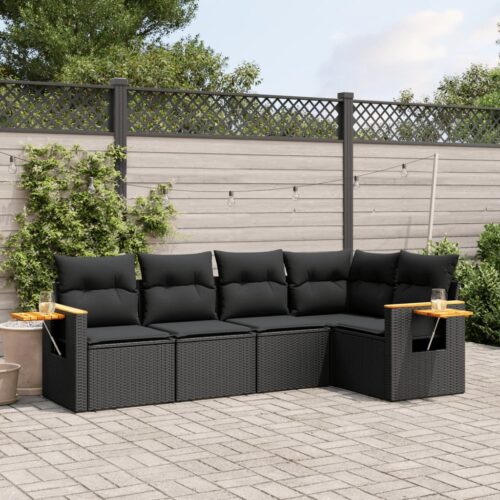 5-Piece Garden Sofa Set with Cushions Black Poly Rattan Wicker Outdoor Patio Furniture - Image 2