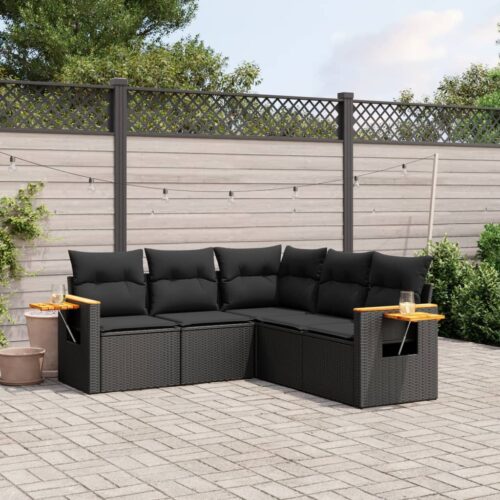 5-Piece Garden Sofa Set with Cushions Black Poly Rattan Wicker Outdoor Patio Furniture - Image 2