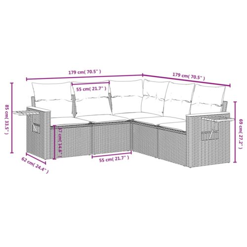 5-Piece Garden Sofa Set with Cushions Black Poly Rattan Wicker Outdoor Patio Furniture - Image 3