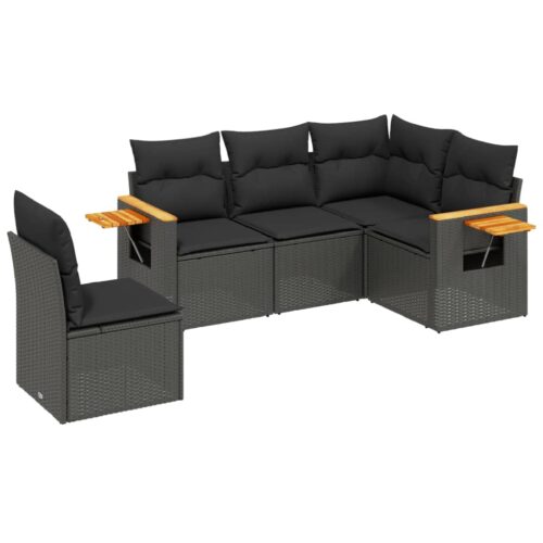 5-Piece Garden Sofa Set with Cushions Black Poly Rattan Wicker Outdoor Patio Furniture