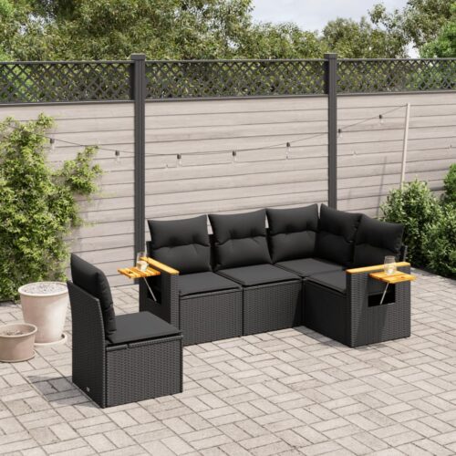 5-Piece Garden Sofa Set with Cushions Black Poly Rattan Wicker Outdoor Patio Furniture - Image 2