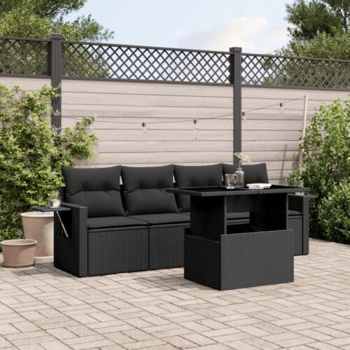 5-Piece Garden Sofa Set with Cushions Black Poly Rattan Wicker Outdoor Patio Furniture - Image 2