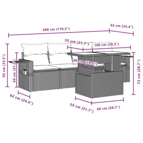 5-Piece Garden Sofa Set with Cushions Black Poly Rattan Wicker Outdoor Patio Furniture - Image 10