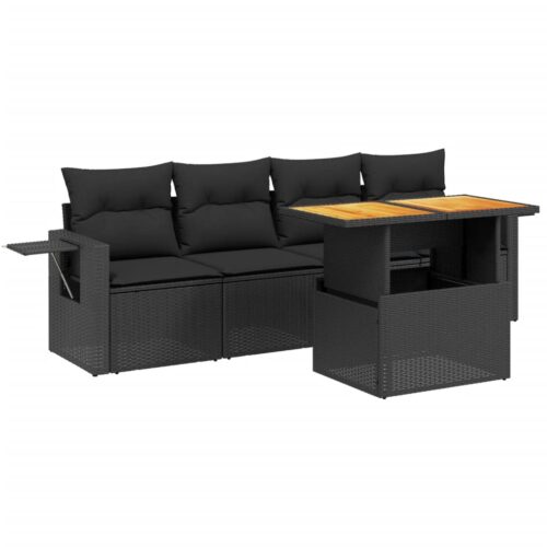 5-Piece Garden Sofa Set with Cushions Black Poly Rattan Wicker Outdoor Patio Furniture