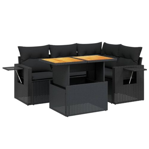 5-Piece Garden Sofa Set with Cushions Black Poly Rattan Wicker Outdoor Patio Furniture