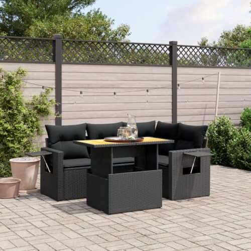 5-Piece Garden Sofa Set with Cushions Black Poly Rattan Wicker Outdoor Patio Furniture - Image 2