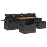 6-Piece Garden Sofa Set with Cushions Black Poly Rattan Wicker Outdoor Patio Furniture