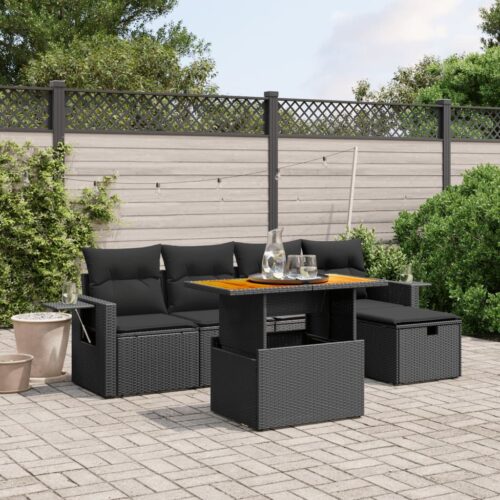 6-Piece Garden Sofa Set with Cushions Black Poly Rattan Wicker Outdoor Patio Furniture - Image 2