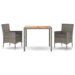 3-Piece Garden Dining Set with Cushions Grey Poly Rattan Wicker Outdoor Patio Furniture