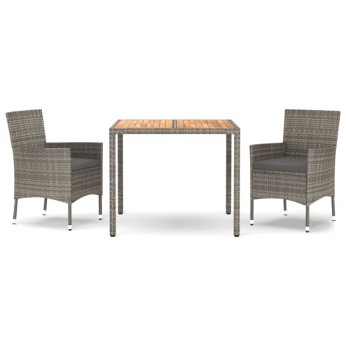 3-Piece Garden Dining Set with Cushions Grey Poly Rattan Wicker Outdoor Patio Furniture