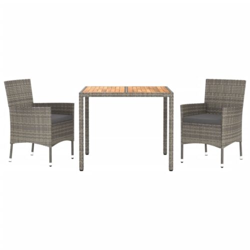 3-Piece Garden Dining Set with Cushions Grey Poly Rattan Wicker Outdoor Patio Furniture - Image 3