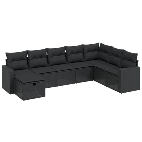 8-Piece Garden Sofa Set with Cushions Black Poly Rattan Wicker Outdoor Patio Furniture