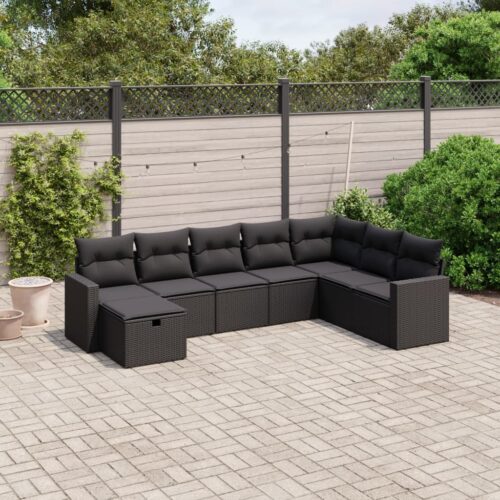 8-Piece Garden Sofa Set with Cushions Black Poly Rattan Wicker Outdoor Patio Furniture - Image 2