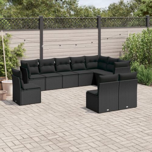 10-Piece Garden Sofa Set with Cushions Black Poly Rattan Wicker Outdoor Patio Furniture - Image 3