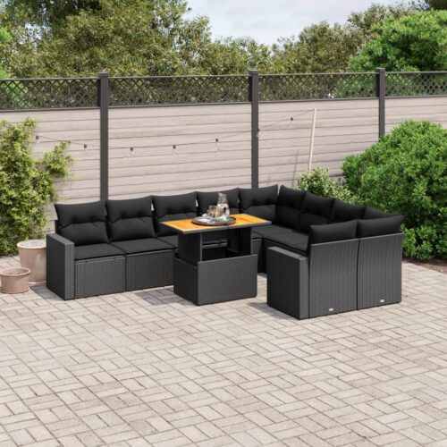 10-Piece Garden Sofa Set with Cushions Black Poly Rattan Wicker Outdoor Patio Furniture - Image 3