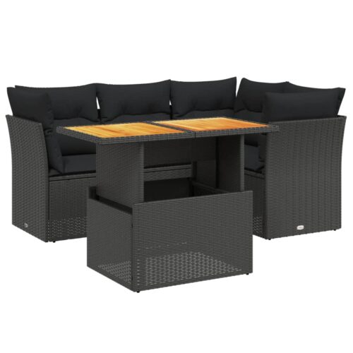 5-Piece Garden Sofa Set with Cushions Black Poly Rattan Wicker Outdoor Patio Furniture