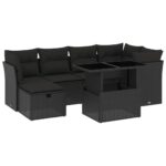 7-Piece Garden Sofa Set with Cushions Black Poly Rattan Wicker Outdoor Patio Furniture