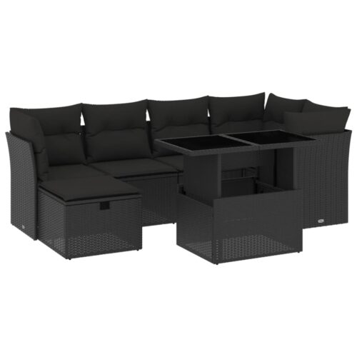 7-Piece Garden Sofa Set with Cushions Black Poly Rattan Wicker Outdoor Patio Furniture