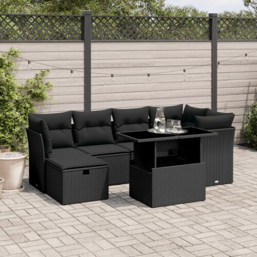 7-Piece Garden Sofa Set with Cushions Black Poly Rattan Wicker Outdoor Patio Furniture - Image 3