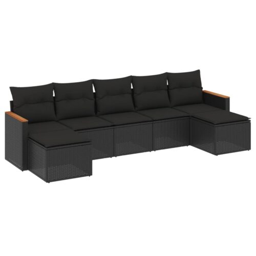 7-Piece Garden Sofa Set with Cushions Black Poly Rattan Wicker Outdoor Patio Furniture