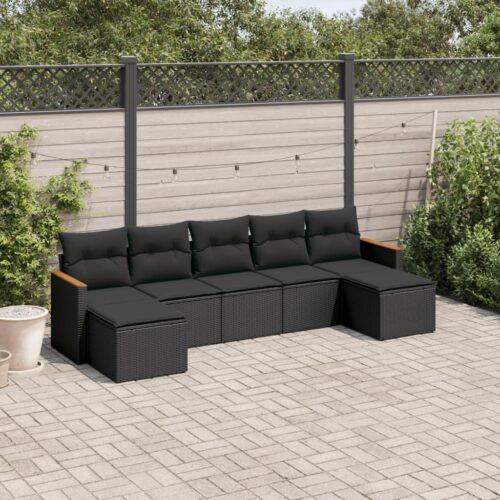 7-Piece Garden Sofa Set with Cushions Black Poly Rattan Wicker Outdoor Patio Furniture - Image 3