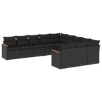 11-Piece Garden Sofa Set with Cushions Black Poly Rattan Wicker Outdoor Patio Furniture