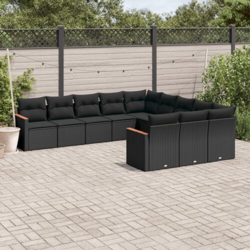 11-Piece Garden Sofa Set with Cushions Black Poly Rattan Wicker Outdoor Patio Furniture - Image 3