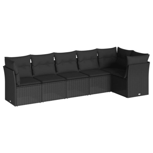 6-Piece Garden Sofa Set with Cushions Black Poly Rattan Wicker Outdoor Patio Furniture