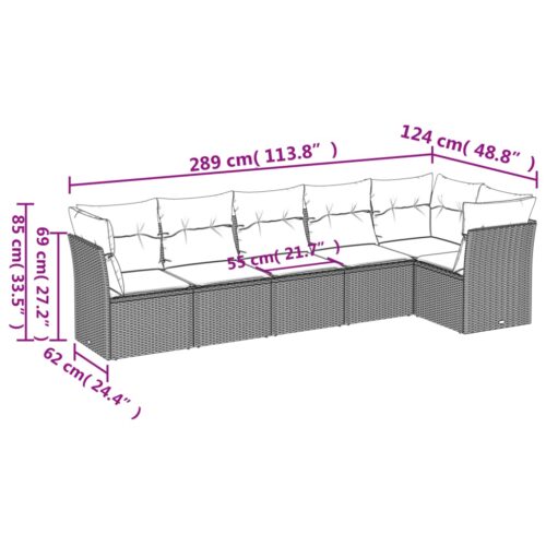 6-Piece Garden Sofa Set with Cushions Black Poly Rattan Wicker Outdoor Patio Furniture - Image 3
