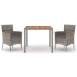 3-Piece Garden Dining Set with Cushions Grey Poly Rattan Wicker Outdoor Patio Furniture
