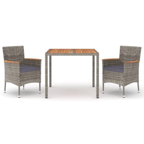 3-Piece Garden Dining Set with Cushions Grey Poly Rattan Wicker Outdoor Patio Furniture