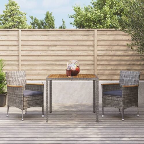 3-Piece Garden Dining Set with Cushions Grey Poly Rattan Wicker Outdoor Patio Furniture - Image 3