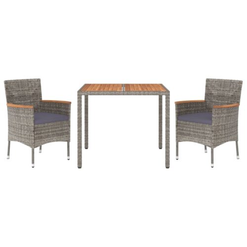 3-Piece Garden Dining Set with Cushions Grey Poly Rattan Wicker Outdoor Patio Furniture - Image 4