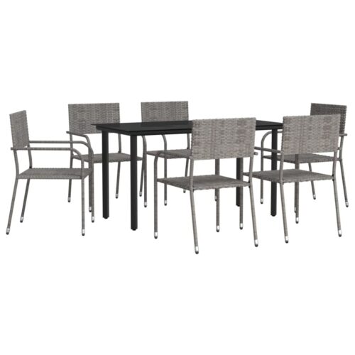 7-Piece Garden Dining Set Grey Black Poly Rattan Wicker Outdoor Patio Furniture Steel