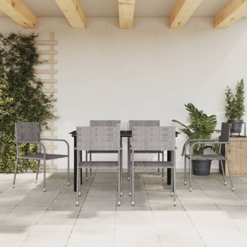 7-Piece Garden Dining Set Grey Black Poly Rattan Wicker Outdoor Patio Furniture Steel - Image 3