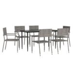 7-Piece Garden Dining Set Grey Black Poly Rattan Wicker Outdoor Patio Furniture Steel