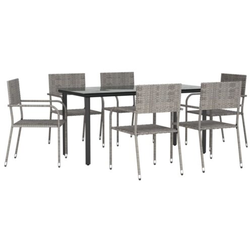 7-Piece Garden Dining Set Grey Black Poly Rattan Wicker Outdoor Patio Furniture Steel