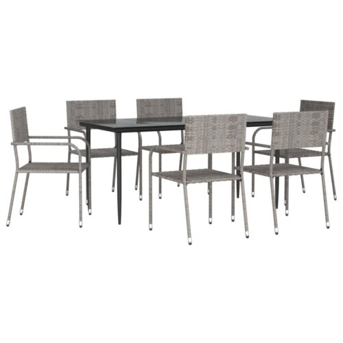 7-Piece Garden Dining Set Grey Black Poly Rattan Wicker Outdoor Patio Furniture Steel