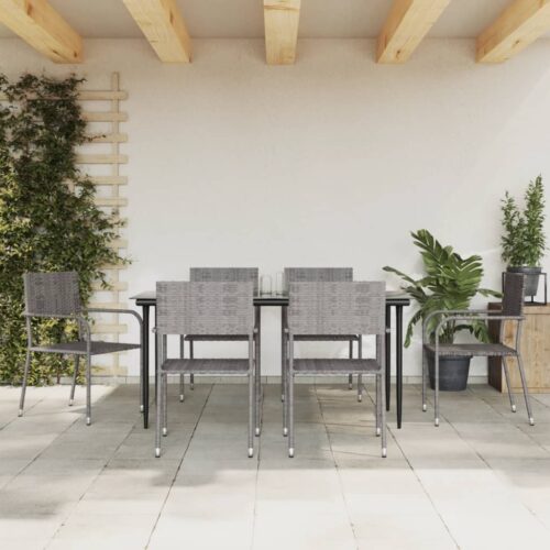 7-Piece Garden Dining Set Grey Black Poly Rattan Wicker Outdoor Patio Furniture Steel - Image 3